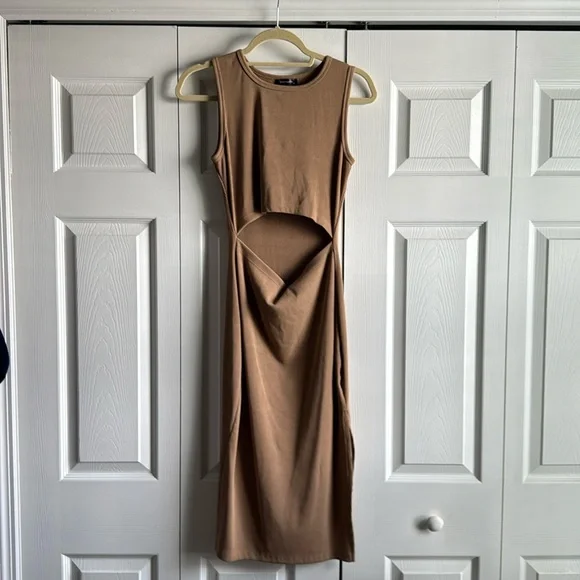 PRETTYGARDEN Women Summer Midi Bodycon Dresses Casual Crew Neck Side Slit Camel - Picture 5 of 10